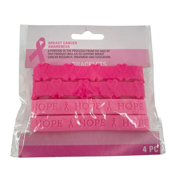 Breast Cancer Awareness Pink Silicone Bracelets 4 Pack HOPE Ribbon New - Picture 3 of 6